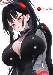 1girl absurdres black_bodysuit black_hair blue_archive bodysuit breasts cleavage closed_mouth highres large_breasts long_hair looking_at_viewer miychi official_alternate_costume official_alternate_hairstyle ponytail red_eyes rio_(blue_archive) rio_(bodysuit)_(blue_archive) sidelocks solo sweat upper_body
