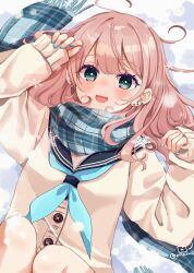 Rule 34 | 1girl, :d, arm up, black sailor collar, blue eyes, blue nails, blue neckerchief, blue scarf, blush, brown cardigan, brown hair, cardigan, commentary request, ear piercing, feet out of frame, fringe trim, highres, knees up, long sleeves, looking at viewer, lying, nail polish, neckerchief, on back, open mouth, original, piercing, plaid clothes, plaid scarf, puffy long sleeves, puffy sleeves, rino cnc, sailor collar, scarf, school uniform, serafuku, sleeves past wrists, smile, snow, snowflakes, solo, twitter username