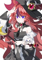 1boy 1girl aotsuki_eito bat_wings black_dress blue_eyes breasts detached_collar detached_sleeves dress genderswap genderswap_(mtf) glasses hair_between_eyes hand_up hat holding holding_chibi holding_staff long_hair long_sleeves multicolored_hair open_mouth parted_hair purple_hair red_eyes red_hair simple_background small_breasts staff streaked_hair sumino_takumi the_hundred_line_-last_defense_academy- white_background white_hair wings witch witch_hat