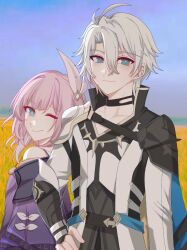 Rule 34 | 1boy, 1girl, ;), ahoge, blue eyes, blue sky, chinese commentary, coat, commentary request, cyrene (honkai: star rail), day, hair ornament, highres, honkai: star rail, honkai (series), lizi mogu, looking at viewer, one eye closed, outdoors, phainon (honkai: star rail), pink hair, purple coat, short hair, sky, smile, wheat, wheat field, white coat, white hair