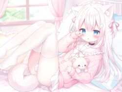 1girl :o animal_ear_fluff animal_ears bed bed_sheet bell blue_eyes blush bow cat_ears cat_girl cat_tail choker collarbone curtains dress frilled_pillow frills hair_between_eyes hair_bow hair_ornament hair_ribbon highres hugging_object indoors jingle_bell knees_up long_hair long_sleeves looking_at_viewer lying no_shoes off_shoulder on_bed open_mouth original panties parted_lips pillow ribbon shirt sitting skirt sleeves_past_wrists solo stuffed_animal stuffed_rabbit stuffed_toy tail thighhighs twintails two_side_up underwear usami_cocoa very_long_hair window