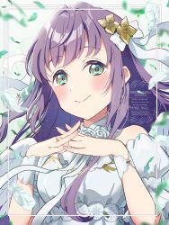 1girl blush commentary confetti dress ether_aria_(love_live!) feathers flower green_eyes hair_flower hair_ornament hair_ribbon highres interlocked_fingers kyaku_tasu link!_like!_love_live! long_hair love_live! official_alternate_costume otomune_kozue purple_hair ribbon rose smile solo virtual_youtuber watermark white_background white_dress white_feathers white_flower white_ribbon white_rose wings