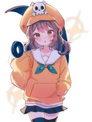 1girl anchor cabbie_hat guilty_gear guilty_gear_strive hat highres holding holding_anchor hood hoodie jacket may_(guilty_gear) moenaomii_(artist) orange_hat orange_hoodie orange_jacket orange_shirt pirate_hat shirt skull_and_crossbones