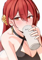 1girl absurdres alcohol beer_can bikini black_bikini blush breasts can cleavage collarbone drink_can drinking ear_piercing earrings eyebrows_hidden_by_hair eyes_visible_through_hair flower hair_flower hair_ornament half_updo highres himeko_(honkai:_star_rail) holding holding_can honkai:_star_rail honkai_(series) jewelry long_hair looking_at_another mole mole_under_eye piercing pyeong_il red_eyes swimsuit very_long_hair white_background yellow_eyes