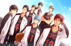 6+boys :3 bag ball basketball_(object) basketball_jersey black_hair blue_eyes blue_hair blue_sky brown_hair cloud contrail glasses grin holding holding_bag hyuuga_junpei izuki_shun jacket kagami_taiga kiyoshi_teppei koganei_shinji kuroko_no_basuke kuroko_tetsuya long_sleeves male_focus mitobe_rinnosuke multicolored_jacket multiple_boys red_eyes red_hair school_uniform signature sky sleepy69 smile teeth