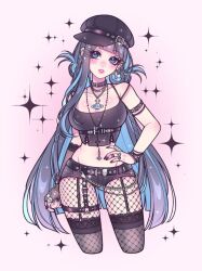 1girl alternate_costume alternate_hairstyle belt black_belt black_choker black_hat black_nails black_shorts black_tank_top blue_eyes blue_hair blush bond_en bondlive braid breasts choker colored_inner_hair commentary commission crop_top cropped_legs cross cross_earrings ear_piercing earrings english_commentary erebus_grey eyelashes fingerless_gloves fishnet_pantyhose fishnets garter_straps gloves hair_ornament hand_on_own_hip hat jewelry large_breasts lips long_hair looking_at_viewer midriff multicolored_hair multiple_rings navel_piercing necklace pantyhose pastelpinkwitch piercing pink_background ring second-party_source short_shorts shorts single_fingerless_glove skull_belt solo streaked_hair tank_top very_long_hair virtual_youtuber x_hair_ornament
