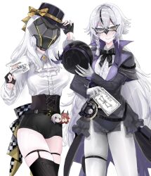 2girls blue_eyes braid breasts character_request eye_mask gloves goddess_of_victory:_nikke grey_hair hat heterochromia highres large_breasts long_hair long_sleeves multicolored_hair multiple_girls pantyhose phantom_(nikke) streaked_hair top_hat white_gloves white_pantyhose xmld404 yellow_eyes