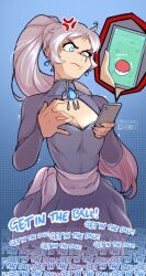1girl anger_vein blue_eyes breasts cleavage closed_mouth cowboy_shot earrings english_text gem grey_hair haysey highres holding holding_phone jewelry long_sleeves medium_breasts nintendo phone pokemon pokemon_go ponytail rwby speech_bubble weiss_schnee