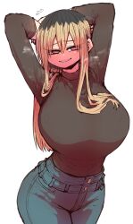 1girl @_@ arms_behind_head black_hair black_shirt blonde_hair blush bra_visible_through_clothes breasts ceiling contrapposto denim highres huge_breasts jeans kinjo_no_hito_no_nakimushi long_sleeves looking_at_viewer multicolored_hair naughty_face ochiai_(kinjo_no_hito_no_nakimushi) pants shirt smile solo standing steaming_body two-tone_hair zyugoya