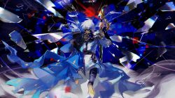 Rule 34 | 1boy, absurdres, antenna hair, armor, black shirt, blue cape, cape, chinese commentary, coat, commentary request, crack, cracked glass, from behind, highres, holding, holding sword, holding weapon, honkai: star rail, honkai (series), male focus, on one knee, pauldrons, phainon (honkai: star rail), planted, planted sword, planted weapon, shirt, short hair, shoulder armor, side cape, single pauldron, solo, sun print, sword, weapon, whisper (suisuibingtang), white coat, white hair