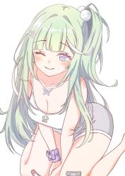 Rule 34 | 1girl, absurdres, bare shoulders, barefoot, breasts, chaeeunhan124, green hair, highres, large breasts, looking at viewer, one eye closed, side ponytail, simple background, solo, stellive, thighs, white background, yuzuha riko