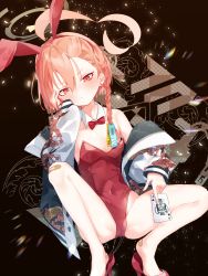 1girl ace_(playing_card) ace_of_spades ahoge animal_ears asymmetrical_bangs bandaid bandaid_on_leg blue_archive bow bowtie braid card detached_collar fake_animal_ears halo hand_on_own_face highres huge_ahoge jacket kairu_(pixiv44336160) leotard mole mole_under_eye neru_(blue_archive) neru_(bunny)_(blue_archive) official_alternate_costume orange_hair playboy_bunny playing_card print_jacket rabbit_ears rabbit_tail red_bow red_bowtie red_eyes red_leotard single_braid solo spade_(shape) squatting strapless strapless_leotard sukajan tag tail