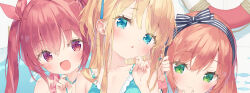 3girls :d ahoge bare_shoulders bikini black_hairband blonde_hair blue_bikini blue_eyes blush bow brown_hair chestnut_mouth closed_mouth collarbone commentary_request frilled_bikini frills hair_between_eyes hair_ribbon hairband hand_up hazuki_watora kani_biimu lifebuoy long_hair minazuki_sarami multiple_girls open_mouth original parted_lips pink_ribbon pink_scrunchie portrait red_eyes red_hair ribbon scrunchie shimotsuki_potofu smile striped_bow striped_clothes striped_hairband swim_ring swimsuit twintails wavy_mouth wrist_scrunchie