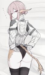 1girl adjusting_clothes adjusting_panties allumer99 ass au_ra backward-facing_horns black_panties black_thighhighs closed_mouth cowboy_shot final_fantasy final_fantasy_xiv from_behind gloves hair_bun highres horns looking_at_viewer looking_back monster_girl panties pink_hair red_eyes scales tail thighhighs underwear warrior_of_light_(ff14) wedgie white_gloves
