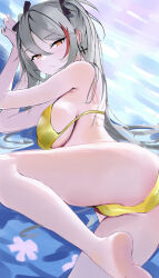 Rule 34 | 1girl, ass, azur lane, bikini, breasts, cross, gold bikini, grey hair, highres, iron cross, long hair, multicolored hair, prinz eugen (azur lane), red hair, sisanng, soles, solo, streaked hair, swimsuit