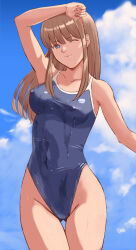 1girl blue_eyes blue_one-piece_swimsuit blue_sky brown_hair cloud competition_school_swimsuit cowboy_shot dead_or_alive gluteal_fold highres hitomi_(doa) one-piece_swimsuit one_eye_closed popo_agaga school_swimsuit sky solo standing swimsuit thigh_gap wet wet_clothes wet_swimsuit