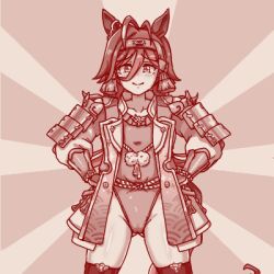 1girl animal_ears antenna_hair armor blush brown_theme closed_mouth coat commentary_request cowboy_shot hair_between_eyes hairband highleg highleg_leotard horse_ears horse_girl leotard long_bangs looking_at_viewer lowres monochrome ninja no_reason_(umamusume) open_clothes open_coat pauldrons shiodanx short_hair shoulder_armor smile solo thighhighs umamusume