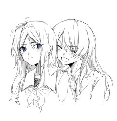 Rule 34 | 2girls, absurdres, bang dream!, bang dream! it&#039;s mygo!!!!!, blue eyes, blush, chihaya anon, chinese commentary, closed eyes, commentary request, fang, greyscale, haneoka school uniform, headpat, highres, kanato04249580, long hair, monochrome, multiple girls, nagasaki soyo, neckerchief, open mouth, purple eyes, school uniform, simple background, skin fang, spot color, tsukinomori school uniform, white background