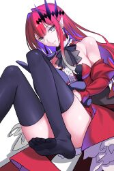 1girl absurdres ascot baobhan_sith_(fate) baobhan_sith_(first_ascension)_(fate) bare_shoulders black_thighhighs breasts center_frills detached_sleeves dress earrings fate/grand_order fate_(series) frills grey_eyes highres jewelry large_breasts long_hair longdq3008 looking_at_viewer pink_hair pointy_ears red_dress sidelocks solo stuffed_toy thighhighs tiara