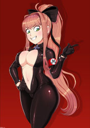 1girl belly bow breasts brown_hair cleavage doki_doki_literature_club eyebrows female_focus gloves green_eyes grin hair_ribbon highres large_breasts long_hair looking_at_viewer monika_(doki_doki_literature_club) navel nazi no_bra ponytail red_background ribbon shadman simple_background smile solo standing stomach teeth