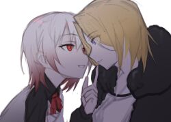 2girls alternate_hair_color aoi_erika blonde_hair cape fur-trimmed_cape fur_trim heaven_burns_red highres minase_ichigo molingxiang_chimangguo multicolored_hair multiple_girls purple_eyes red_eyes shirt short_hair streaked_hair teeth white_hair yuri