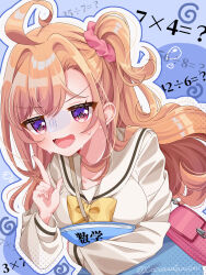 Rule 34 | 1girl, :d, @ @, ahoge, blue background, blue shorts, bow, bowtie, breasts, commentary request, fukune koko, highres, holding, holding notebook, ikizulive! love live! bluebird, index finger raised, large breasts, love live!, math, nervous smile, nervous sweating, notebook, open mouth, orange hair, outline, pink eyes, sailor collar, sailor shirt, shirt, shorts, smile, solo, sweat, takahashi polka, twitter username, upper body, v-shaped eyebrows, white outline, white sailor collar, white shirt, yellow bow, yellow bowtie