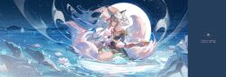 1girl absurdres animal_ears artist_name chinese_text closed_eyes closed_mouth commentary_request facial_mark floating_hair flower fox_ears fox_girl fox_tail fugue_(honkai:_star_rail) highres honkai:_star_rail honkai_(series) japanese_clothes kimono lantercat long_hair long_sleeves looking_at_viewer lotus moon multiple_tails pink_flower sitting solo tail tingyun_(honkai:_star_rail) translation_request very_long_hair water white_hair wide_sleeves