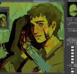 Rule 34 | 2boys, art program in frame, black eyes, blood, blood from forehead, blood on face, brown hair, cry of fear, dual persona, grey hoodie, grin, gun, handgun, holding, holding gun, holding weapon, hood, hood down, hood up, hoodie, looking at viewer, multiple boys, nervous, non-web source, rottenfishhh, short hair, simon henriksson, simon henriksson (book), smile, stalking, upper body, weapon, wide-eyed