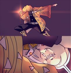 1boy agatsuma_zenitsu blonde_hair crying crying_with_eyes_open dab_(dance) haori highres japanese_clothes kimetsu_no_yaiba kimono long_sleeves male_focus meme pants parody ribbon riooo1 runny_nose saliva sheath sheathed snot tears weapon yellow_eyes