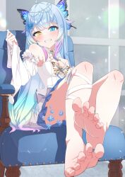 1girl @_@ ahoge ameki_(virtuareal) barefoot blue_eyes blue_hair breasts bridal_gauntlets butterfly_brooch butterfly_earrings butterfly_hair_ornament center-flap_bangs cleavage clenched_teeth criss-cross_halter disgust dot_nose dress earrings feet flower frilled_dress frills godai_01 hair_flower hair_intakes hair_ornament hairclip halter_dress halterneck heterochromia highres holding holding_unworn_clothes indoors jewelry knees_apart_feet_together lens_flare light_blue_hair light_blush light_particles long_hair mole mole_under_eye multicolored_hair nijisanji on_chair raised_eyebrow sidelocks sitting sleeveless sleeveless_dress small_breasts socks soles streaked_hair teeth toes unworn_socks very_long_hair virtual_youtuber virtuareal white_bridal_gauntlets white_dress white_socks window yellow_eyes