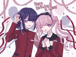 1boy 1girl 2025 black_bow black_hairband black_headband bow dated ear_piercing earrings eyelashes hair_bow hairband hand_up hands_up happy_birthday headband jewelry long_hair matching_hair/eyes one_eye_closed open_mouth piercing pink_eyes pink_hair purple_hair simple_background the_hundred_line_-last_defense_academy- tsukumo_ima tsukumo_kako twintails upper_body white_background