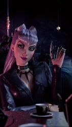 Rule 34 | 1girl, 3d, absurdres, arm under breasts, bed, bed sheet, bedroom, black choker, black eyeshadow, black suit, blurry, blurry foreground, breasts, chair, choker, claw (weapon), claws, cleavage, clenched hand, commentary, cone hair bun, cup, dark background, demon girl, earrings, english commentary, evelynn (league of legends), eyeshadow, fang, formal clothes, gem, gold earrings, gradient eyeshadow, green eyeshadow, hair bun, hand up, head tilt, highres, hoop earrings, indoors, jewelry, k/da (league of legends), k/da all out evelynn, league of legends, leather suit, long hair, long sleeves, looking at viewer, makeup, mature female, medium breasts, necklace, nose, on chair, pale skin, parted lips, pillow, pointed bangs, purple claws, purple eyeshadow, purple gemstone, purple lips, saucer, screencap, shiny clothes, silver claws, sitting, slit pupils, solo, spiked choker, spikes, studded choker, suit, teacup, teeth, the baddest evelynn, tooth necklace, two-tone eyeshadow, upper body, v-bangs, weapon, white hair, yellow eyes