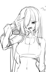 Rule 34 | 1girl, character request, fang, fangs, inui kentarou, long tongue, monochrome, tagme, tongue, tongue out