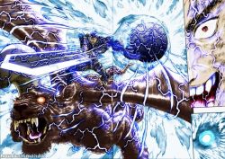 3boys action armor beast berserk berserker_armor black_armor black_cape black_hair blue_eyes body_fur cape colored_teeth darkness dragonslayer_(sword) electricity eyelashes feet fighting fighting_stance furry ganishka_(berserk) guts_(berserk) holding holding_weapon hole horns injury light lightning lips long_sword miura_kentarou monster multiple_boys nose one_eye_closed open_mouth prosthesis prosthetic_hand red_eyes sharp_teeth struggling tail teeth transformation weapon white_hair yellow_teeth zodd_(berserk)