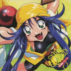 Rule 34 | absurdres, bandana, blue hair, fangs, green eyes, highres, kotobuki tsukasa, lime (saber j), non-web source, saber marionette j