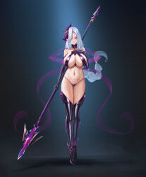 1girl absurdres alternate_costume black_boots black_panties boots braid breasts collarbone corruption dark_persona elbow_gloves full_body genshin_impact gloves hair_over_one_eye hand_on_own_chest heart heart_tattoo highres holding holding_polearm holding_weapon huge_breasts jewelry long_hair looking_at_viewer navel panties polearm pubic_tattoo purple_eyes revealing_clothes ring shenhe_(genshin_impact) single_braid sky_wbo solo tattoo thigh_boots underwear variant_set very_long_hair weapon wedding_ring white_hair