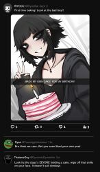 1girl absurdres birthday birthday_cake black_collar black_eyes black_hair black_hoodie black_nails black_shirt blunt_bangs cake candle collar collarbone commentary cross cross_necklace dutch_angle ear_piercing english_commentary english_text food grin highres holding holding_cake holding_food hood hood_down hoodie jewelry long_sleeves looking_at_viewer mikuneki necklace open_clothes open_hoodie original piercing riyo_kaede_(mikuneki) shirt short_hair smile social_media_composition solo v