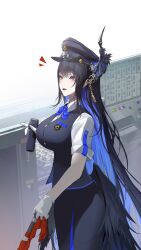 Rule 34 | 1girl, absurdres, asymmetrical horns, black hair, black skirt, black vest, black wings, blue bow, blue bowtie, blue hair, blue hat, bow, bowtie, breasts, collared shirt, colored inner hair, feathered wings, flower, flower knot, hair ornament, hat, highres, holding, hololive, hololive english, horn flower, horns, large breasts, long hair, low wings, multicolored hair, nerissa ravencroft, peaked cap, shirt, short sleeves, sidelocks, skirt, solo, straight hair, tassel, tassel hair ornament, thekaiyip, uneven horns, very long hair, vest, virtual youtuber, white shirt, wings