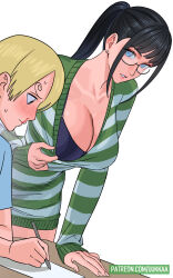 1boy 1girl age_difference bespectacled black_hair blonde_hair blood blue_bra blush bra breasts cleavage collarbone curly_eyebrows earrings glasses highres jewelry large_breasts nico_robin nosebleed one_piece one_piece:_strong_world paper patreon_username ponytail round_eyewear sanji_(one_piece) simple_background sweater teacher_and_student underwear uukkaa white_background writing