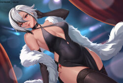 1girl alternate_costume alternate_hair_length alternate_hairstyle arlecchino_(genshin_impact) bare_shoulders black_choker black_dress black_eyes black_gloves black_hair black_thighhighs blurry blurry_background breasts center_opening choker commentary criss-cross_halter curtains dress dutch_angle elbow_gloves english_commentary evening_gown exlic fur_shawl genshin_impact gloves grey_hair hair_between_eyes halterneck hand_in_own_hair large_breasts lips looking_at_viewer multicolored_hair patreon_username pelvic_curtain red_pupils shawl short_hair sleeveless sleeveless_dress solo streaked_hair symbol-shaped_pupils thighhighs two-tone_hair x-shaped_pupils