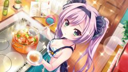 1girl apron aqua_apron bikini blue_bikini book bookmark bottle bowl breasts broccoli cleavage cooking cooking_pot dot_nose film_grain from_above from_side game_cg green_eyes hair_ornament hair_scrunchie hairband holding holding_bowl holding_ladle indoors izumi_tsubasu kitchen ladle lens_flare long_hair looking_at_viewer misaki_sango nearly_naked_apron non-web_source official_art open_book parted_lips plant potted_plant purple_hair purple_hairband purple_scrunchie re:stage! recipe_(object) scrunchie sideboob small_breasts solo sparkle steam stew stove striped_bikini striped_clothes swimsuit twintails white_stripes wooden_door wooden_floor