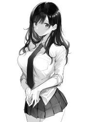 1girl absurdres breasts closed_mouth collared_shirt commentary_request frown greyscale highres large_breasts light_blush long_hair looking_at_viewer miniskirt monochrome necktie original pleated_skirt school_uniform shirt simple_background skirt sleeves_pushed_up solo standing suihei_sen white_background wing_collar