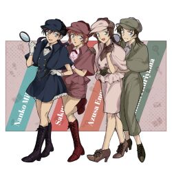 4girls :d alternate_costume arms_around_waist black_hair blue_boots blue_dress blue_eyes blue_hat boots brown_gloves brown_hair character_name closed_mouth collared_shirt cosplay deerstalker detective dress enomoto_azusa full_body gloves green_gloves green_hat green_jacket hand_on_another&#039;s_shoulder hat highres holding holding_magnifying_glass hug hug_from_behind jacket kuriyama_midori leg_up long_hair low_twintails magnifying_glass meitantei_conan miike_naeko multiple_girls open_mouth pants pencil_skirt pink_gloves pink_jacket pink_shirt pink_skirt red_boots red_hat red_jacket sayaendou0426 sherlock_holmes sherlock_holmes_(cosplay) shirt shorts skirt smile standing twintails white_gloves white_shirt yonehara_sakurako