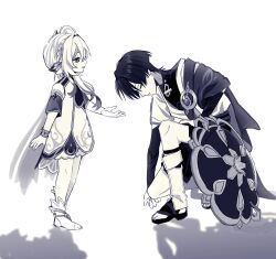 1boy 1girl anklet arm_at_side armlet armor belt bloomers blunt_ends bodysuit bow bracelet bridal_gauntlets cape closed_eyes closed_mouth cross-shaped_pupils detached_sleeves dress eyelashes facing_down fingernails gem genshin_impact greyscale hair_ornament half-closed_eyes half_crown_braid hand_on_own_thigh hat head_down highres japanese_armor japanese_clothes jewelry jingasa kimono kote layered_sleeves leaf leaf_hair_ornament long_hair looking_at_another monochrome nahida_(genshin_impact) no6_gnsn on_one_knee open_clothes open_hand open_kimono parted_lips pointy_ears rope sandals sash scaramouche_(genshin_impact) shadow short_sleeves shorts side_ponytail sidelocks socks standing stirrup_footwear stirrup_legwear symbol-shaped_pupils toeless_legwear toenails toes underwear unworn_hat unworn_headwear vision_(genshin_impact) wanderer_(genshin_impact) white_background zouri