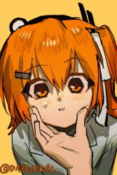 1other :i a.i._voice adachi_rei blush dazecoral hair_between_eyes hair_ribbon hand_on_another&#039;s_cheek hand_on_another&#039;s_face hashtag-only_commentary headlamp highres orange_eyes orange_hair pout pov pov_hands radio_antenna ribbon side_ponytail utau white_ribbon