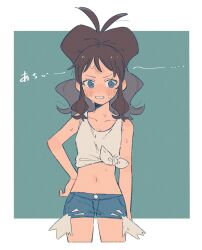 1girl bare_shoulders blue_eyes blush breasts brown_hair crop_top cropped_shirt cutoffs denim denim_shorts high_ponytail highres hilda_(pokemon) hime_(himetya105) long_hair looking_at_viewer midriff navel nintendo open_mouth pokemon pokemon_bw ponytail shirt short_shorts shorts sidelocks simple_background solo sweat sweatdrop tank_top teeth white_shirt white_tank_top