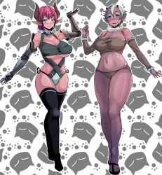 2girls absurdres bare_shoulders black_legwear blue_eyes blush breasts closed_mouth collarbone dark-skinned_female dark_skin demon_horns detached_sleeves full_body gauntlets hair_between_eyes highres horns julioalqae large_breasts looking_at_viewer monster_girl multiple_girls navel nose_blush oni oni_horns original parted_lips pointy_ears purple_eyes red_hair scar short_hair silver_hair smile stomach thighhighs