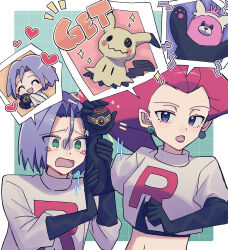 1boy 1girl bewear black_gloves blue_eyes blue_hair cosplay earrings elbow_gloves gen_7_pokemon gloves green_eyes hair_slicked_back highres holding holding_poke_ball james_(pokemon) jessie_(pokemon) jewelry mimikkyu nintendo poke_ball poke_ball_(basic) pokemon pokemon_(anime) red_hair single_letter sphere_earrings team_rocket team_rocket_uniform white_background yuzutan_(zvhc3728)