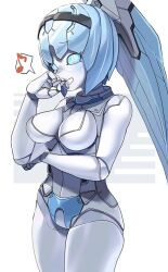 1girl blue_eyes blue_hair breasts colored_skin cowboy_shot hakidashi_11 high_ponytail long_hair medium_breasts musical_note phantasy_star phantasy_star_online_2 ponytail ringed_eyes robot_girl solo speech_bubble spoken_musical_note white_skin