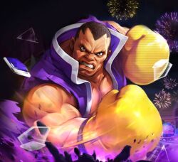 aerial_fireworks balrog_(street_fighter) boxing boxing_gloves commentary dark_skin english_commentary fighting_stance fireworks glass_shard grimace high_collar muscular muscular_male night night_sky official_alternate_costume official_art paris_las_vegas punching sky street_fighter street_fighter:_duel torn_sleeve